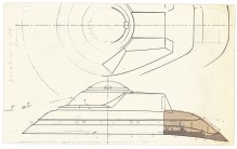 Production sketch by Andrew Probert from early 1979 for Star Trek: The Motion Picture, working out the location of the VIP lounge within the Bridge/2-3 Deck superstructure.