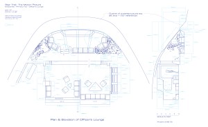Digital re-creaton of a production sketch by Andrew Probert working out the design of the VIP lounge within the Bridge/2-3 Deck superstructure. (Third Wave Design)