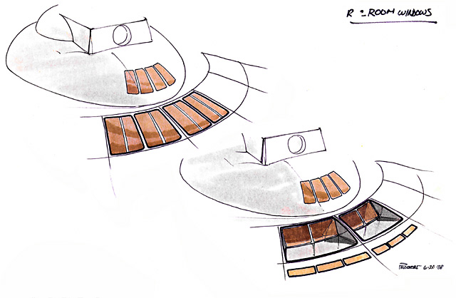 Production sketches by Andrew Probert, dated June 20, 1978, of proposed locations for situating the Recreation Room in the upper saucer. The final location was moved to the aft/starboard rim of the main saucer.