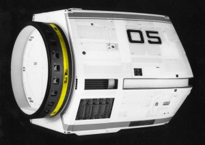 3/4 aft view of the travel pod filming miniature, prior to the lighting soffit being modified.