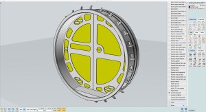 Work-in-progress 3D model with the exterior inset shapes of the travel pod doors highlighted in yellow, which would vent air to space without docking port seals.