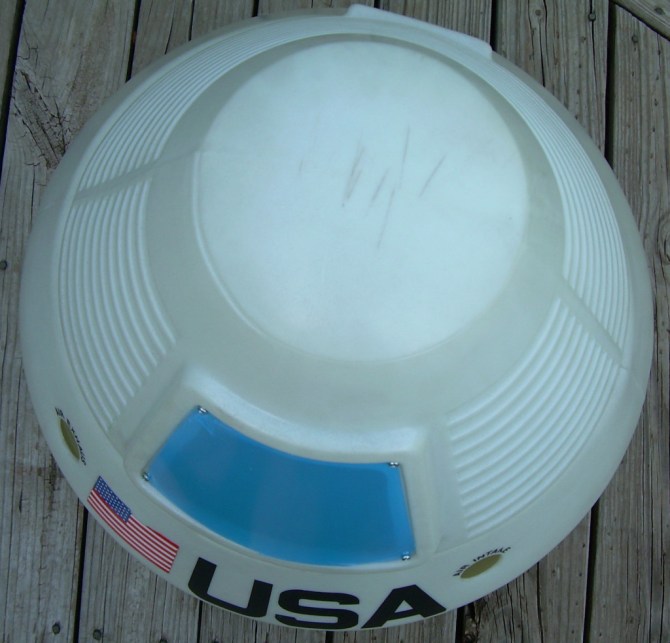 Top-down view of a vintage Little Tikes kid’s Apollo Space Capsule Toy Chest.