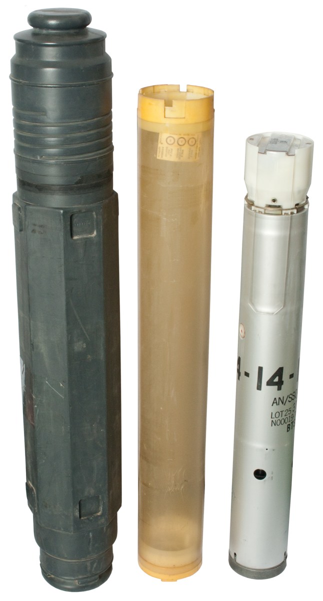 CNU-239/E container used for AN/SSQ-47B sonobuoys, the launcher casing and sonobuoy.