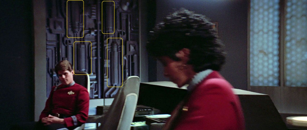 Sonobuoy case used in wall machinery panels in the Spacedock transporter room in "Star Trek III: The Search for Spock".