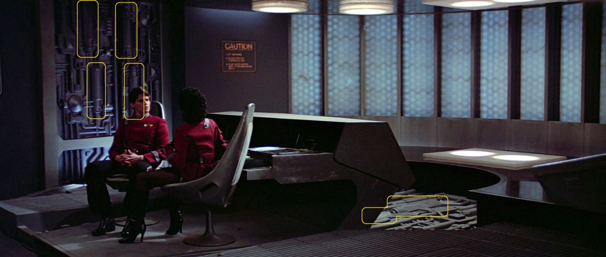 Sonobuoy case used in wall and floor machinery panels in the Spacedock transporter room in "Star Trek III: The Search for Spock".