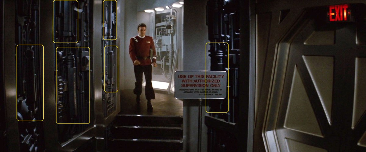 Sonobuoy cases used as wall panel detailing for the bridge simulator set in "Star Trek II: The Wrath of Khan".