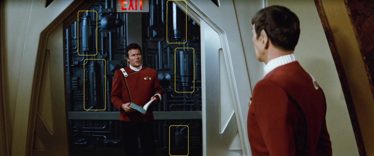Sonobuoy cases used as wall panel detailing for the bridge simulator set in "Star Trek II: The Wrath of Khan".