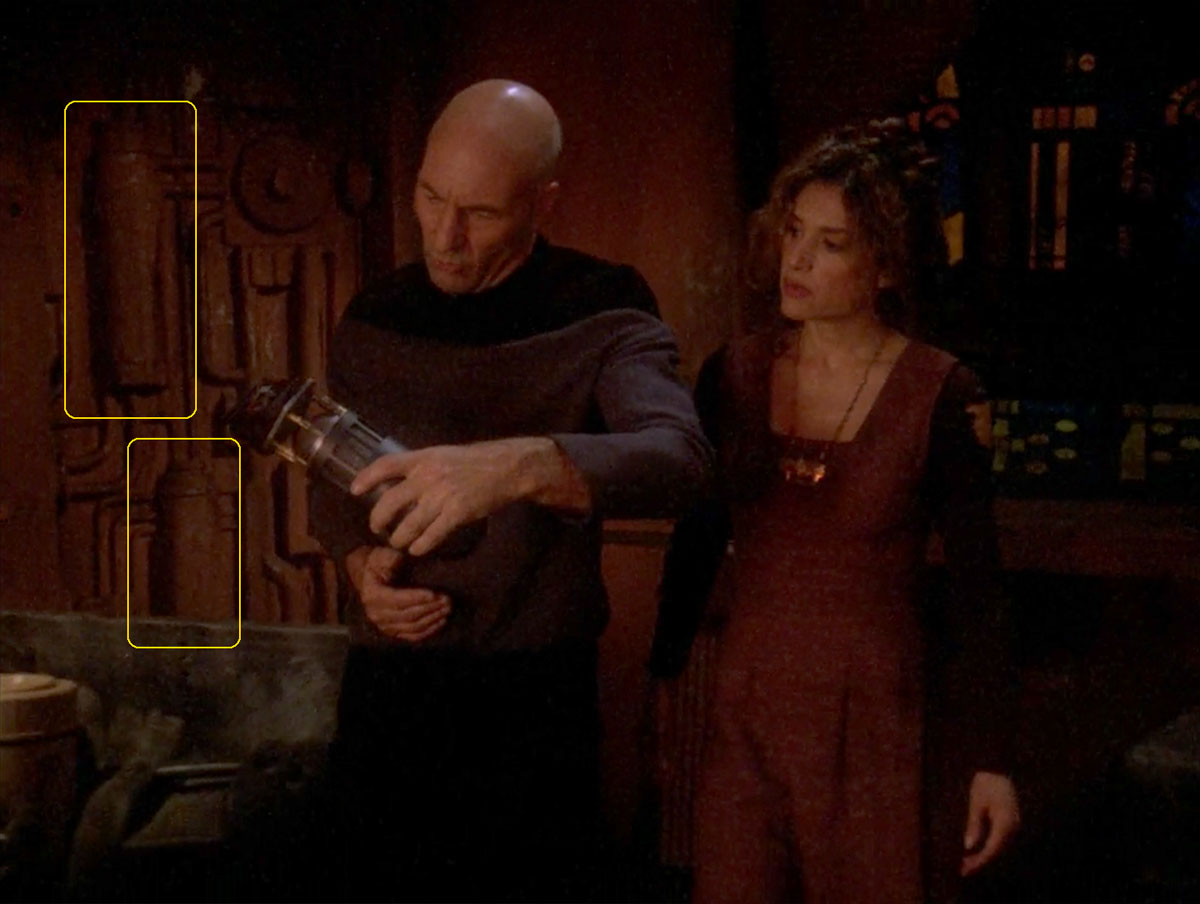 Sonobuoy cases used as wall panel machinery of a wrecked Terelian cargo freighter in the TNG episode "Liaisons.