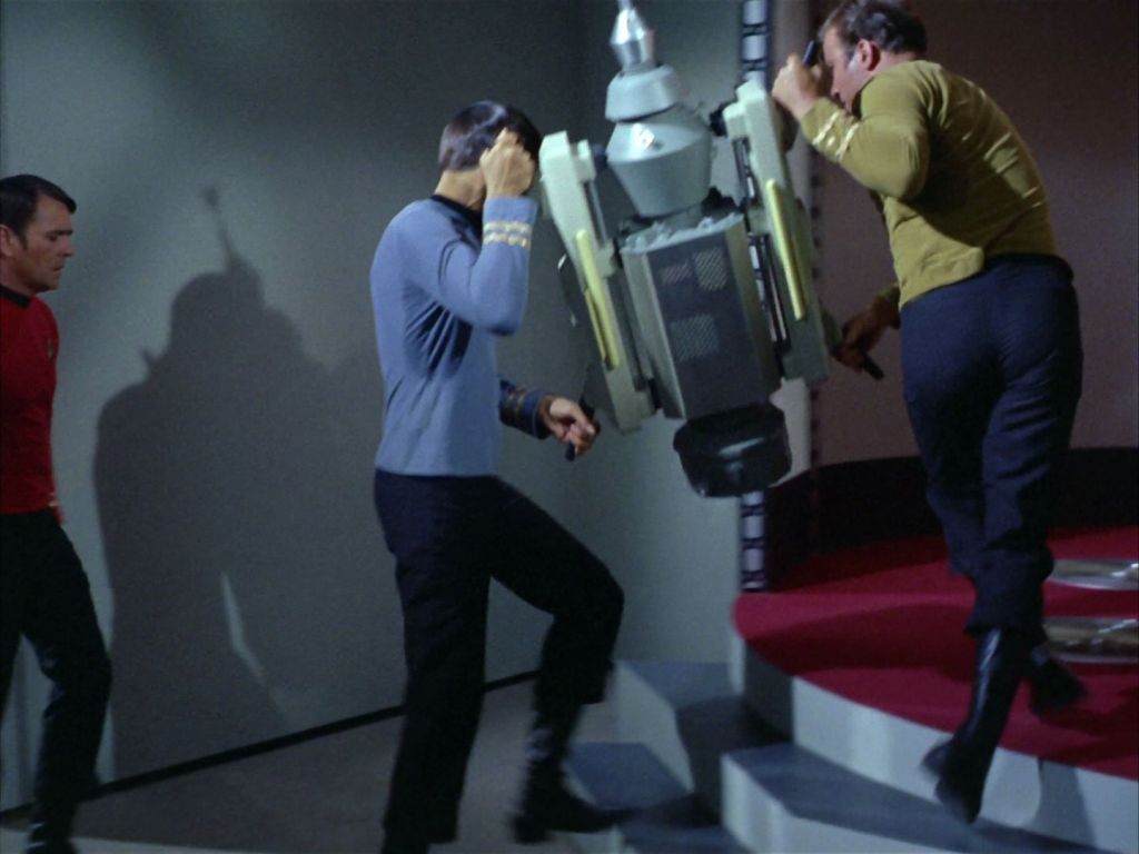 Kirk and Spock carrying Nomad with anti-grav devices to the transporter pad, from the Star Trek: The Original Series season 2, episode 8 "The Changeling".