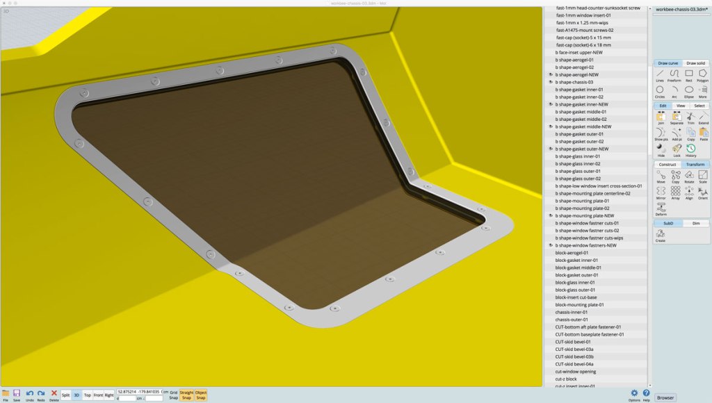Interior view of the 3D model of the workbee's port underside window. The windows translucency is simulated.