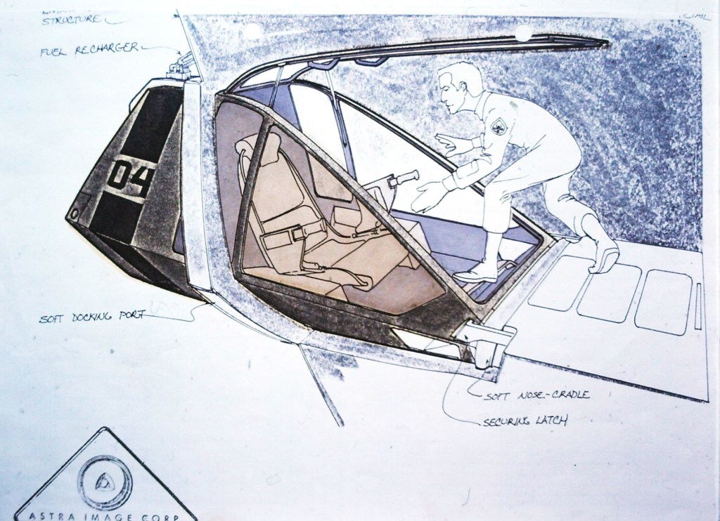 Workbee concept drawing by Andrew Probert, showing how a pilot enters the cab when it is hard-docked into is docking port.