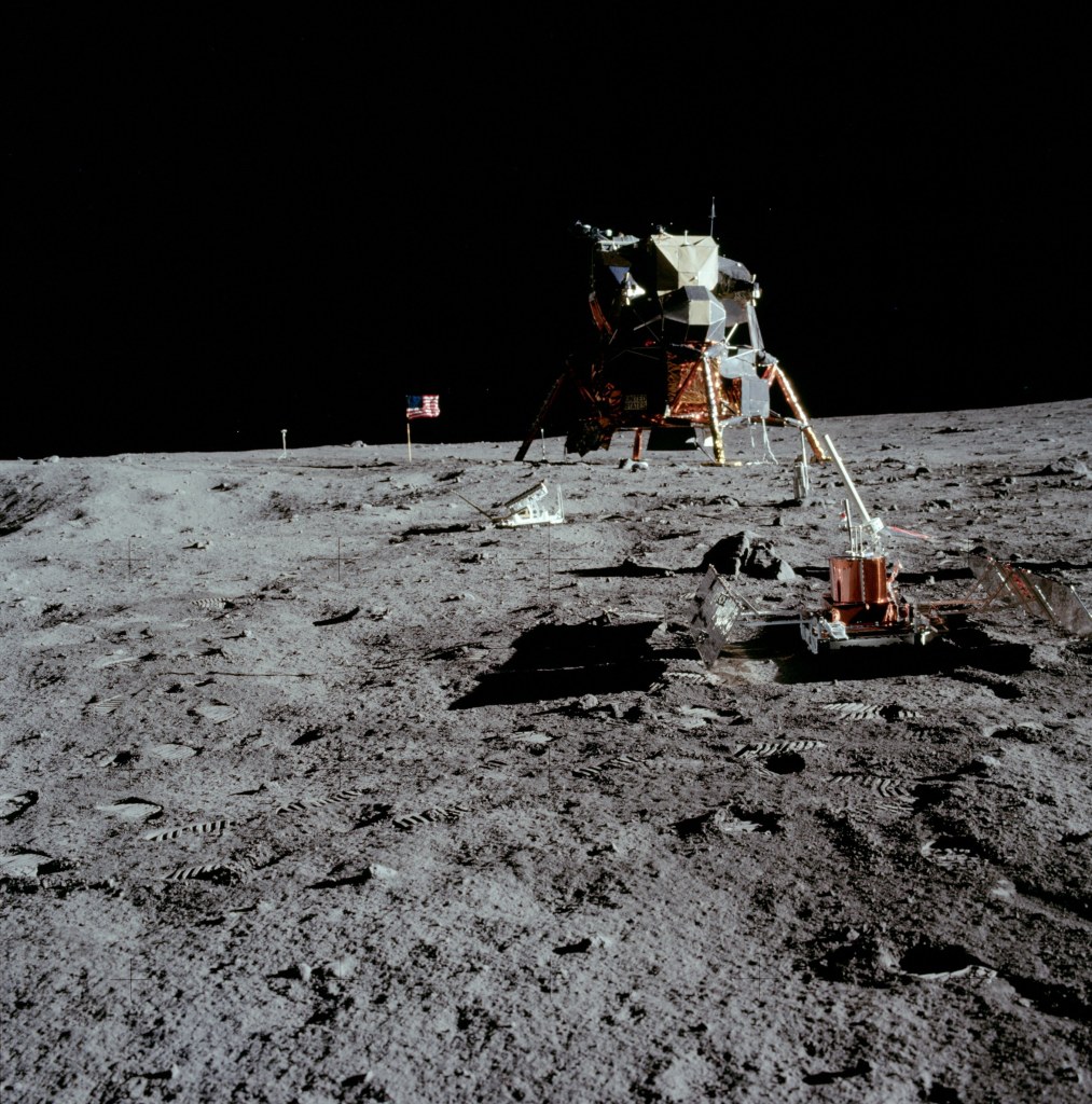 Image of the Passive Seismic Experiment Package (PSEP) with the Lunar Excursion Module (LEM) in the background, taken by Neil Armstrong on the moon, July 20th 1969. (Image courtesy: NASA)