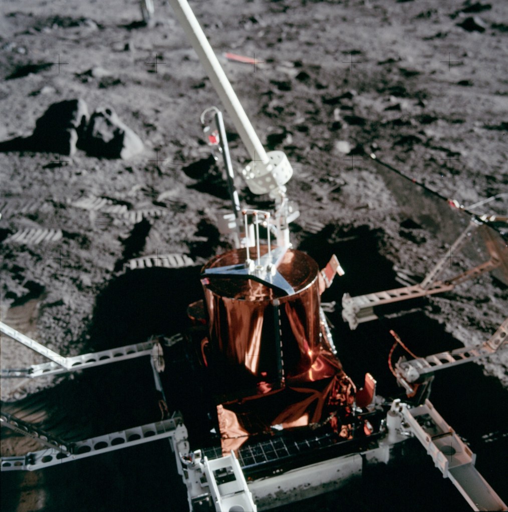 Close-up image of the deployed Passive Seismic Experiment Package (PSEP) taken by Neil Armstrong on the moon, July 20th 1969. (Image courtesy: NASA)