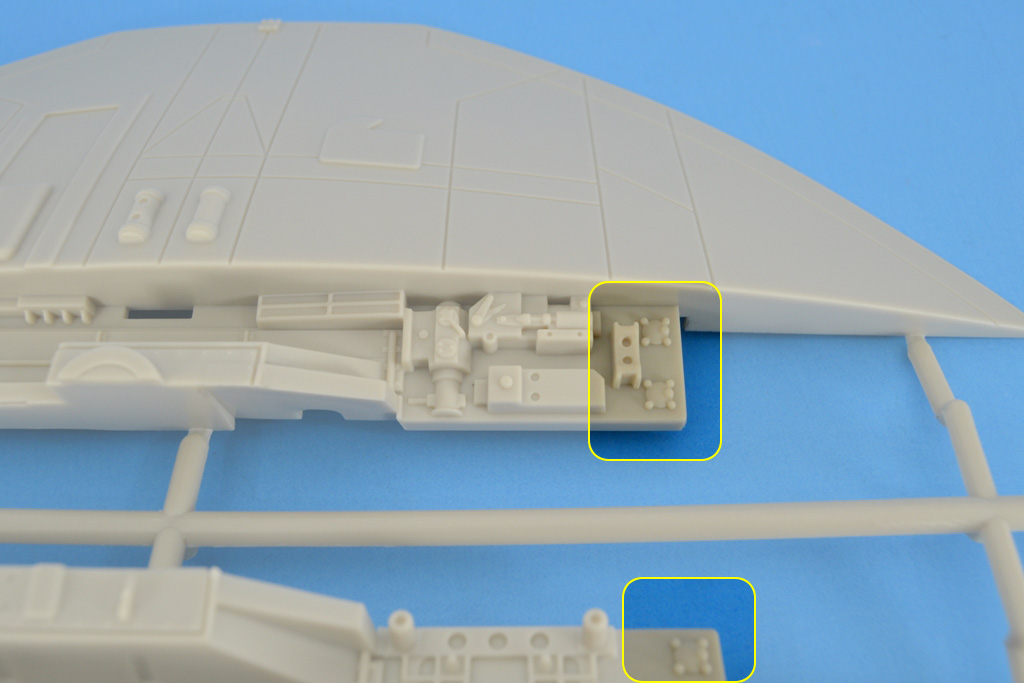 The studio scale model of the Cylon Raider from the original TV series had a few of these pieces on the wing attachment roots. Detail image of the wing root of the Moebius Models' studio scale kit with the "universal greeble" being highlighted.