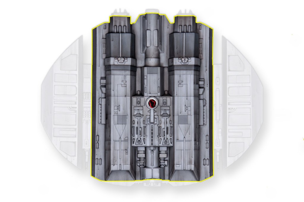 Detail of the underside of the Monogram Battlestar Galactica Cylon Raider model kit, which was used as chest piece for the enviro tech suit costume used in ST:TMP and ST:WOK.