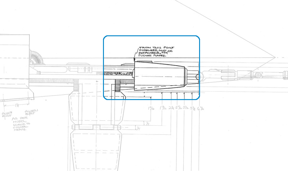 Detail notation on the Workbee grappler-arm/work sled side elevation view production drawing, by Leslie Ekker.