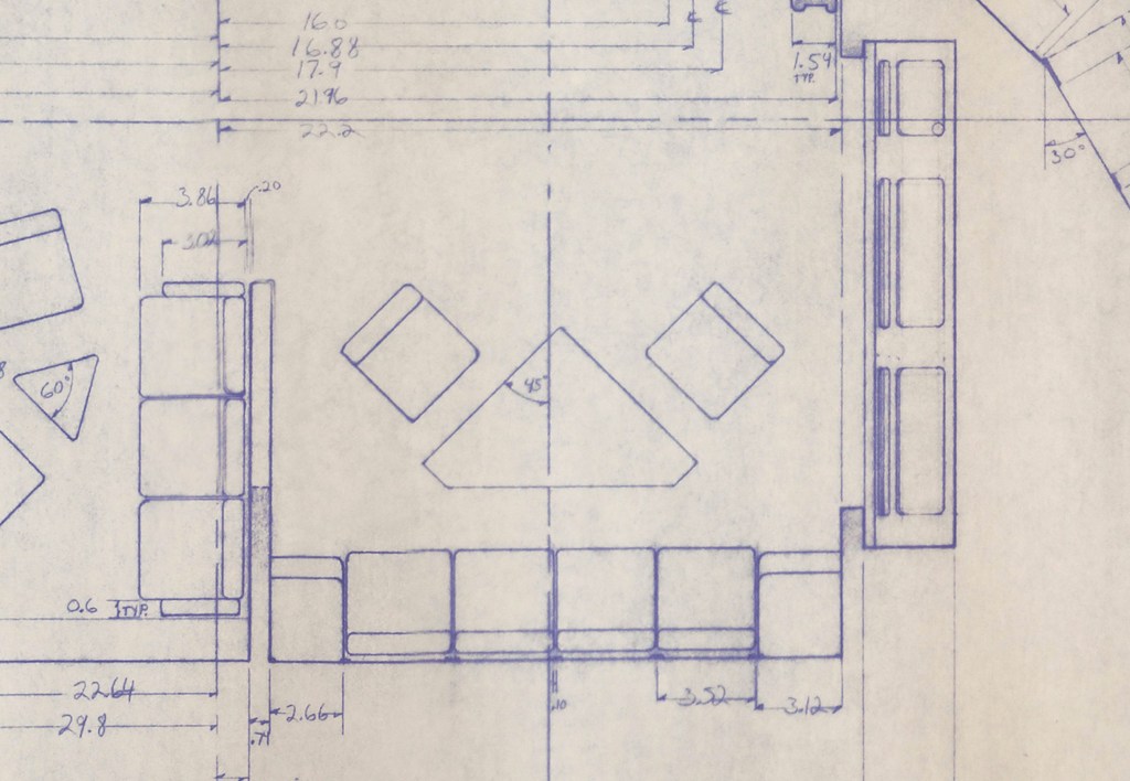 Detail of the plan view from the Officer’s Lounge set/model drawn by Leslie Ekker on May 7, 1979 under the art direction of Harold Michelson, based on the design by Andrew Probert. (Image: Third Wave Design)