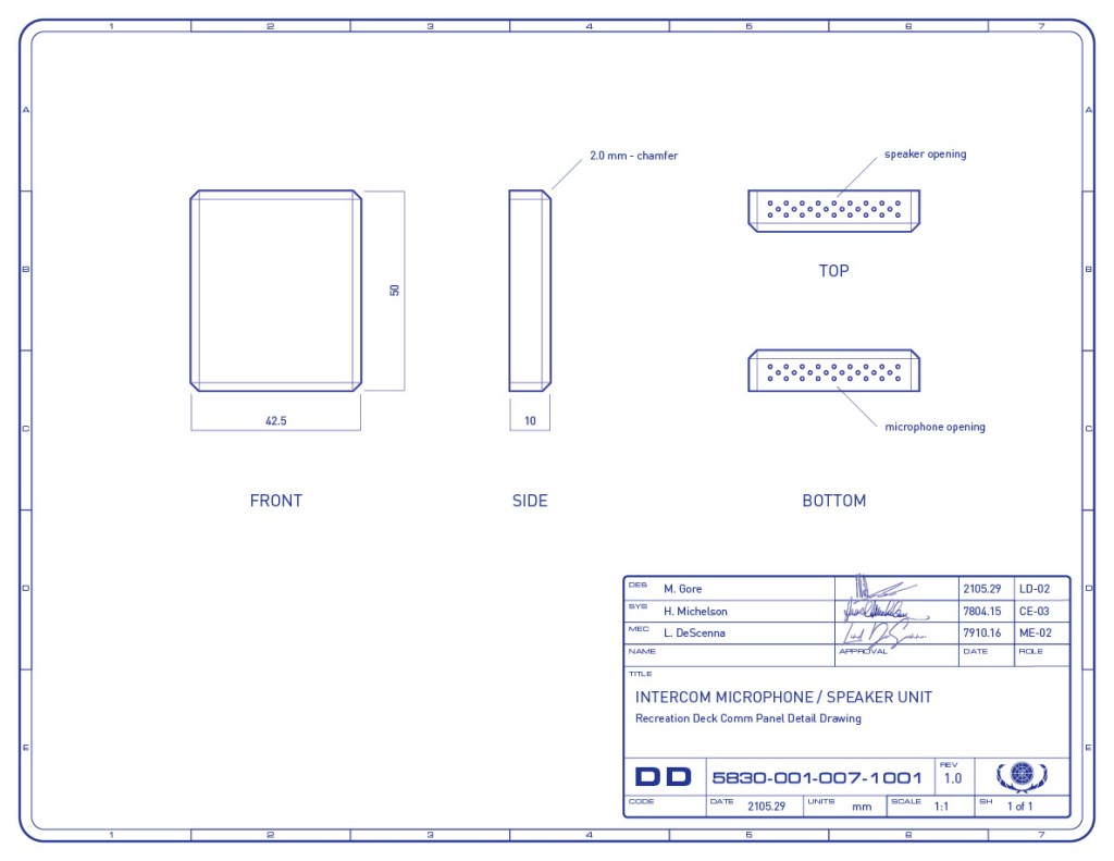 Detail drawing of the microphone/speaker unit, which is part of the multimedia intercom panel on the recreation deck of the Enterprise-refit. (Image: Third Wave Design)