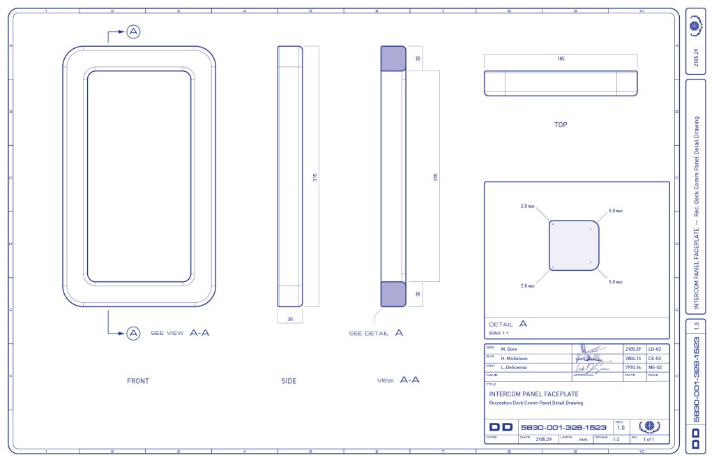 Detail drawing of the intercom panel faceplate, which is part of the multimedia intercom panel on the recreation deck of the Enterprise-refit. (Image: Third Wave Design)