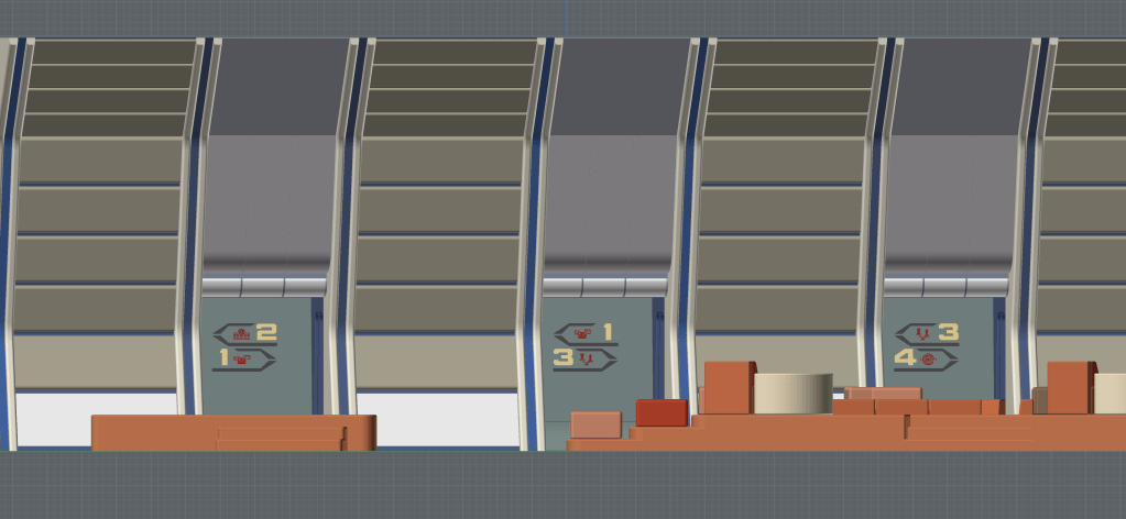 Port side elevation of the recreation deck, showing the directional graphics in the three port side alcoves. (Image: Third Wave Design)