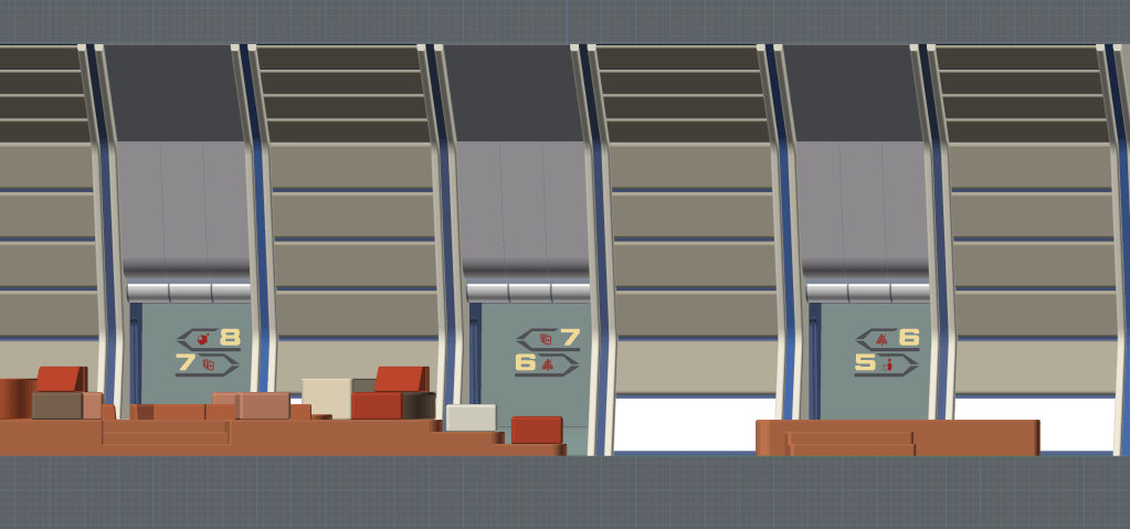 Starboard side elevation of the recreation deck, showing the directional graphics in the three starboard side alcoves. (Image: Third Wave Design)