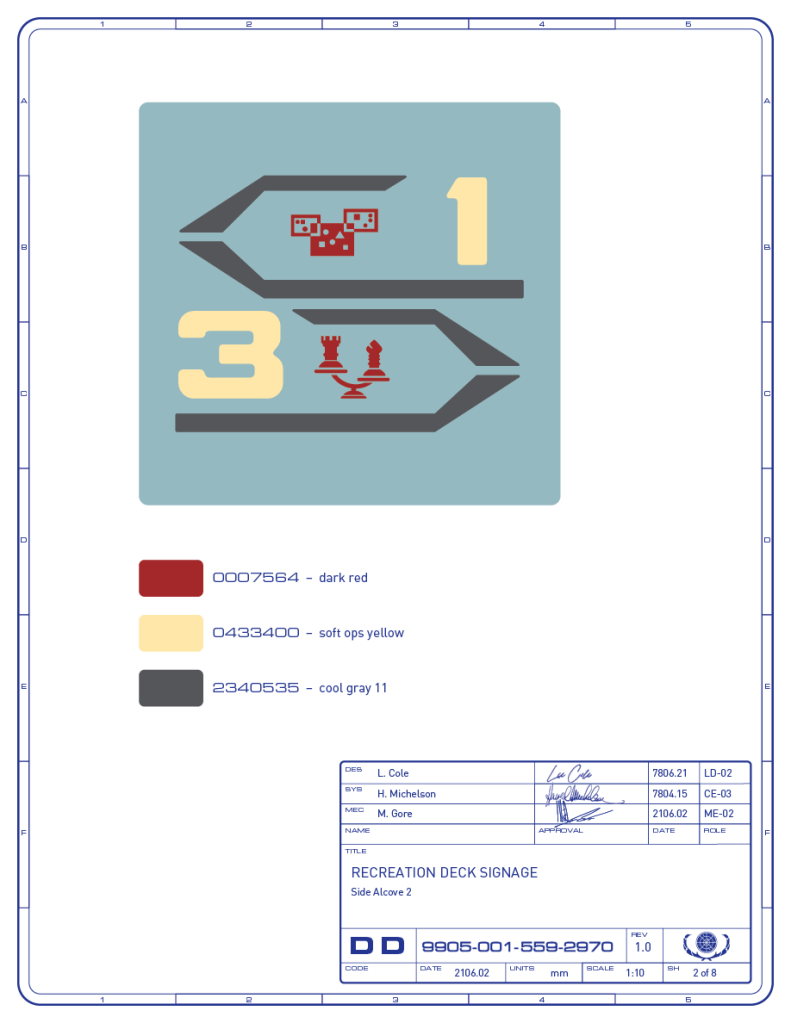 Detail drawing of the directional signage for the light cube game and tri-dimensional chess areas on the recreation deck of the Enterprise-refit. (Image: Third Wave Design)