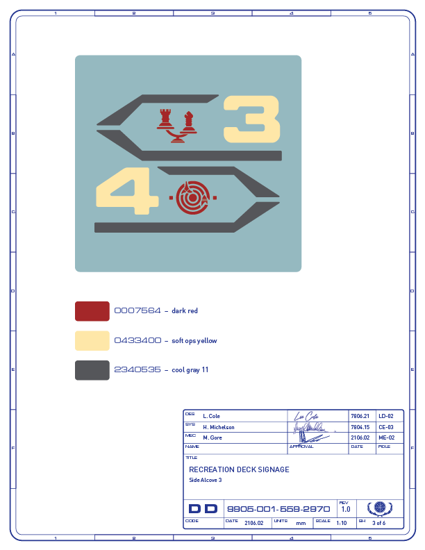 Detail drawing of the directional signage for the tri-dimensional chess and phaser battle game areas on the recreation deck of the Enterprise-refit. (Image: Third Wave Design)