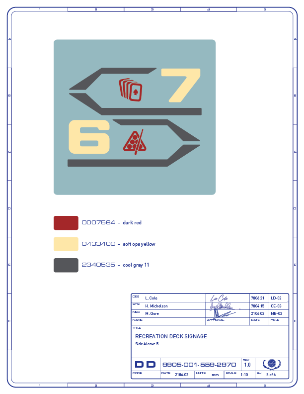 Detail drawing of the directional signage for the card game and billiards areas on the recreation deck of the Enterprise-refit. (Image: Third Wave Design)