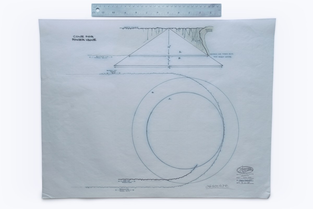 17" x 22" production drawing of V'ger filming miniature power cone by John Shourt of Apogee Inc. for Star Trek: The Motion Picture, dated 09/11/1979 . (Image: Third Wave Design)