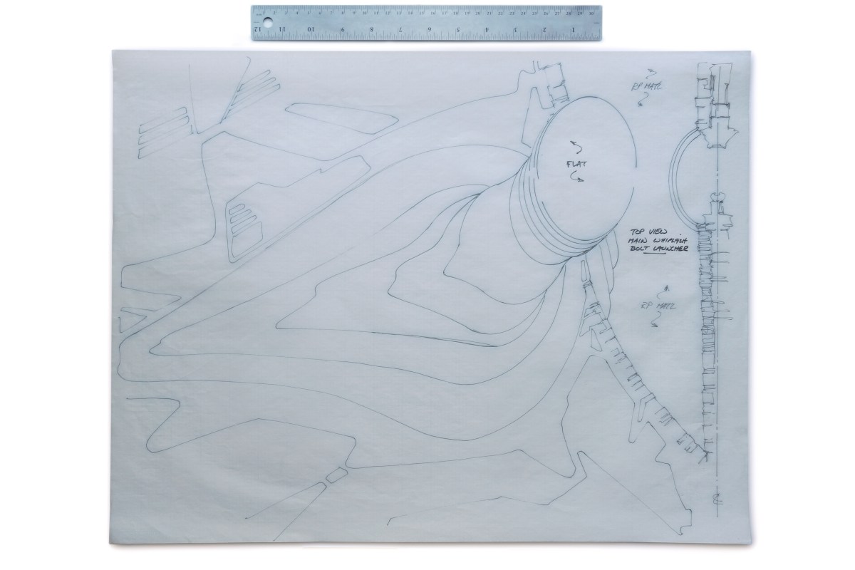 17x 22.5" production drawing of V'ger filming miniature whiplash bolt launcher tower plan by Apogee Inc. for Star Trek: The Motion Picture. (Image: Third Wave Design)