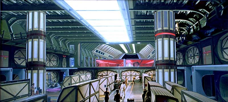 Matte painting sketch of the Enterprise cargo deck, by Andrew Probert. Note the red ring of light on the turbo shaft on the right. (Image: Courtesy Probert Designs)